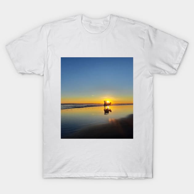 A silhouetted horse-drawn carriage on Parangtritis beach at sunset 4 T-Shirt by kall3bu